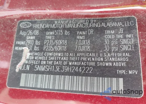 2009 Hyundai Santa Fe Se из США, поврежденный, VIN 5NMSH13E39H244222